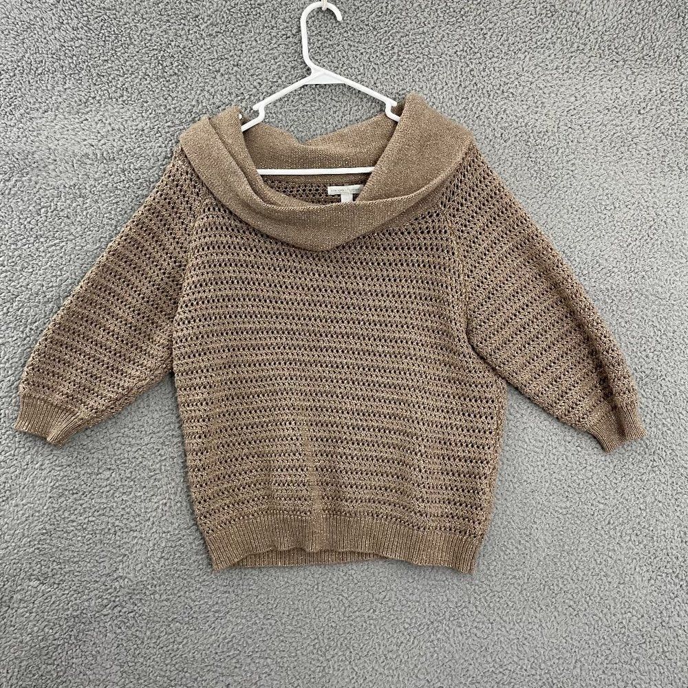 New York & Company Sweater Women L Tan Metallic Knit Scoop Neck